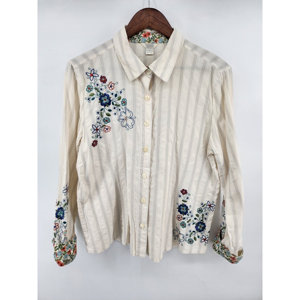 Christopher & Banks Floral Embroidered Striped Button Down Shirt L